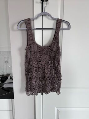 Temperance Crochet Knit Tank Top Dusty Mauve Boho Floral Scalloped Hem Medium
